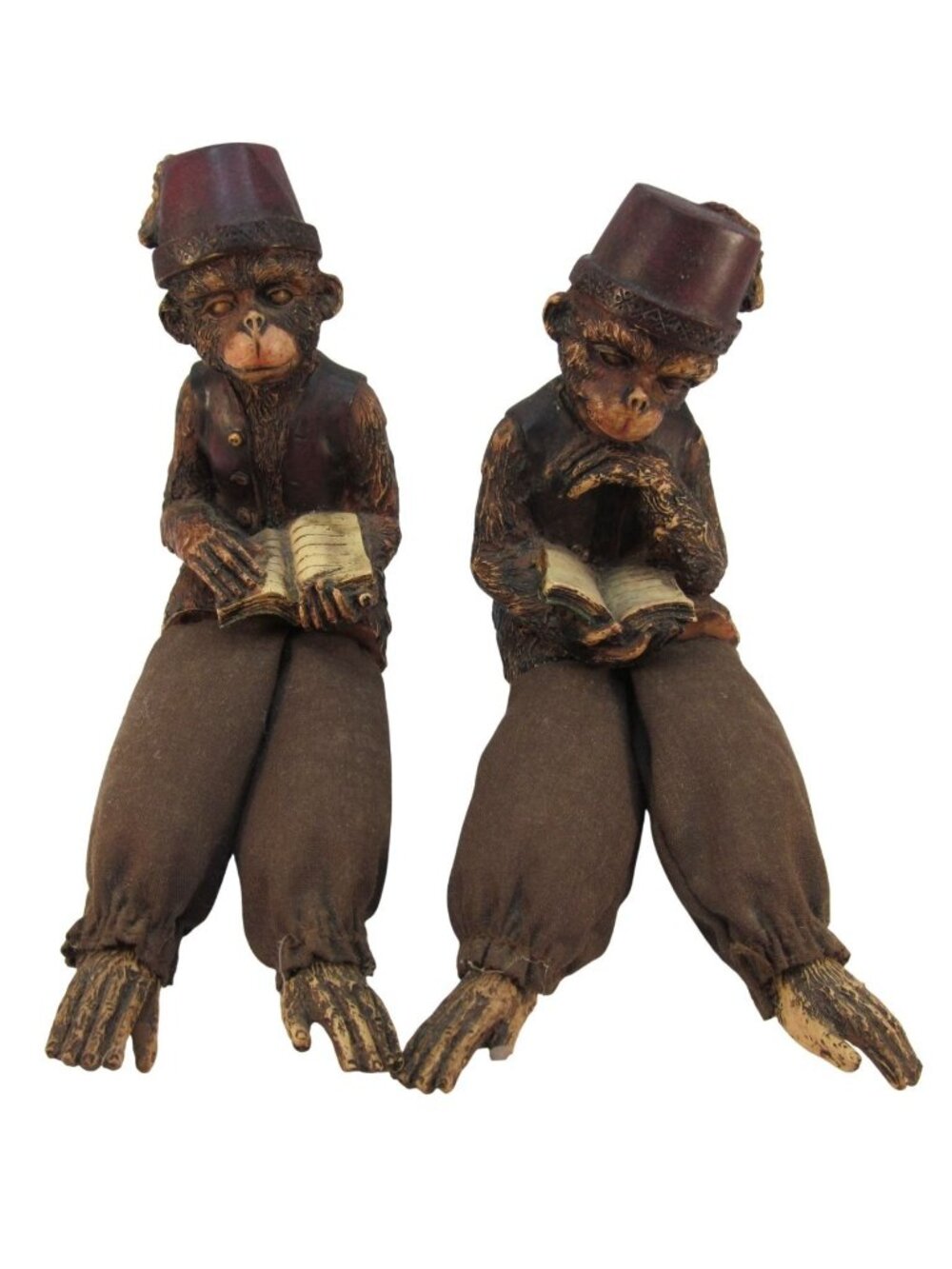Vintage Resin Monkey Shelf Sitter Set of 2 Figurine Reading Book Fez Hat Clothes
